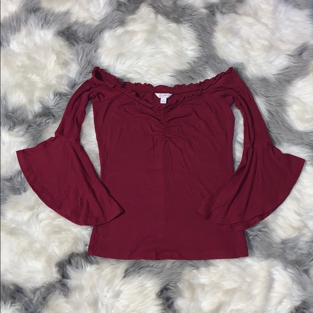 Burgundy long sleeve off the shoulder blouse